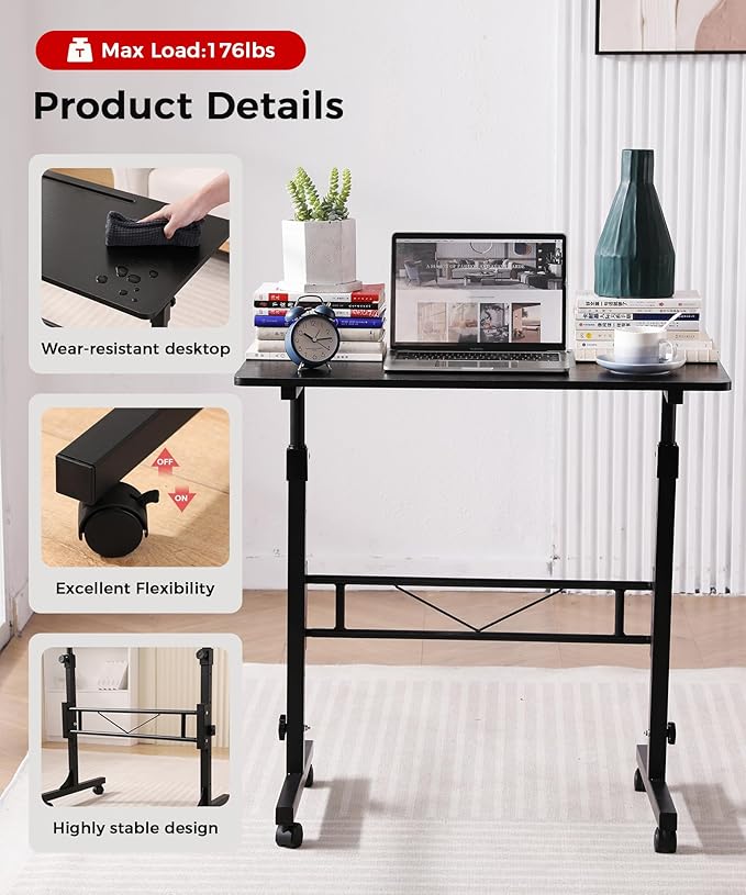 Standing Desk Adjustable Height Mobile Stand Up Desks with Wheels Small Computer Desk Rolling Desk Portable Laptop Desk Black Standing Table Sit Stand Home Office Desks 16x31.5 Height 27-43.5