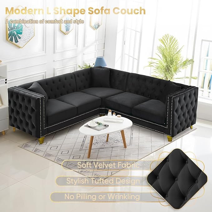 Velvet L Shaped Sofa Couch Upholstered Sectional Couch with Tufted Back and Rivet Decoration Modern 5 Seater Corner Sofa with Golden Tapered Legs and 3 Pillows Comfy Couches for Living Room Black