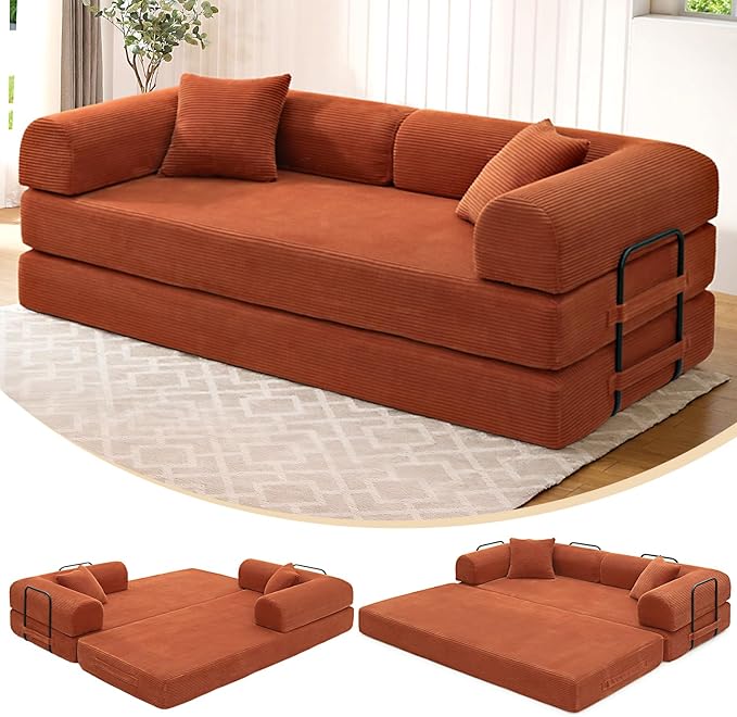 Convertible Sleeper Sofa Bed 1600lbs Weight Capacity Floor Sofa Bed with Fixed-Shape Frame Corduroy Foldable Couch for Small Space Lounge Mattress for Living Room Apartment Game Room (Orange)
