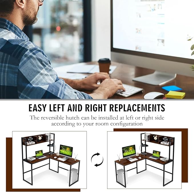 MEDIMALL L-Shaped Desk w/Storage Shelf Reversable Corner Desk Game Table w/Sturdy Metal Frame Multifunctional Computer Desk for Home Office (Walnut)