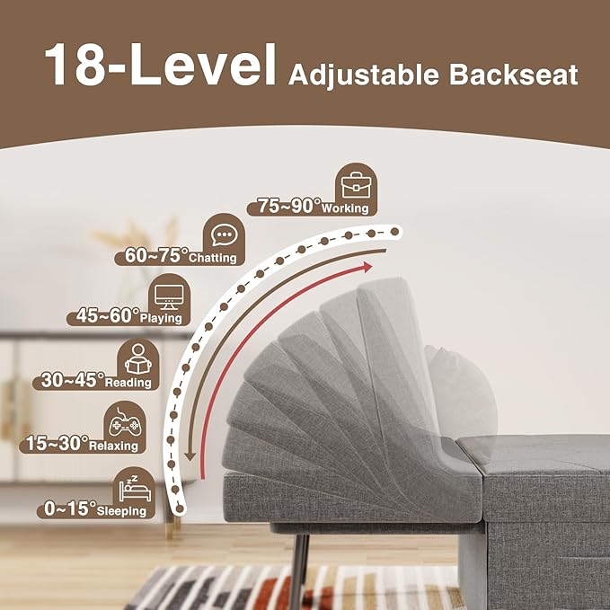 4 in 1 Sleeper Chair Convertible Sleeper Sofa with Ottoman Ottoman Bed for Adults Sofa Bed with Adjustable Backrest for Living Room Apartment Office Light Grey