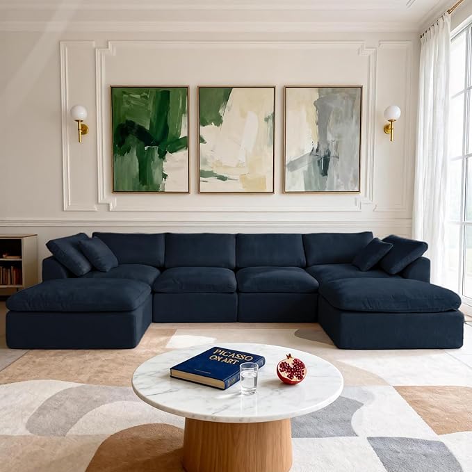 Cloud Modular Sectional Sofa Couch141” U-Shape Sofa with Wide Armrest Modern High-Density Sponge Compressed Couch for Living Room BedroomNo Assembly Needed (Blue 4 Seats+ 2 Ottoman)