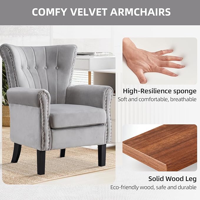 Velvet Accent Chair with Arms Modern Wingback Tufted Armchair Soft Cushioned Club Chair with Solid Wood Legs for Living Room Bedroom Home Office Light Grey