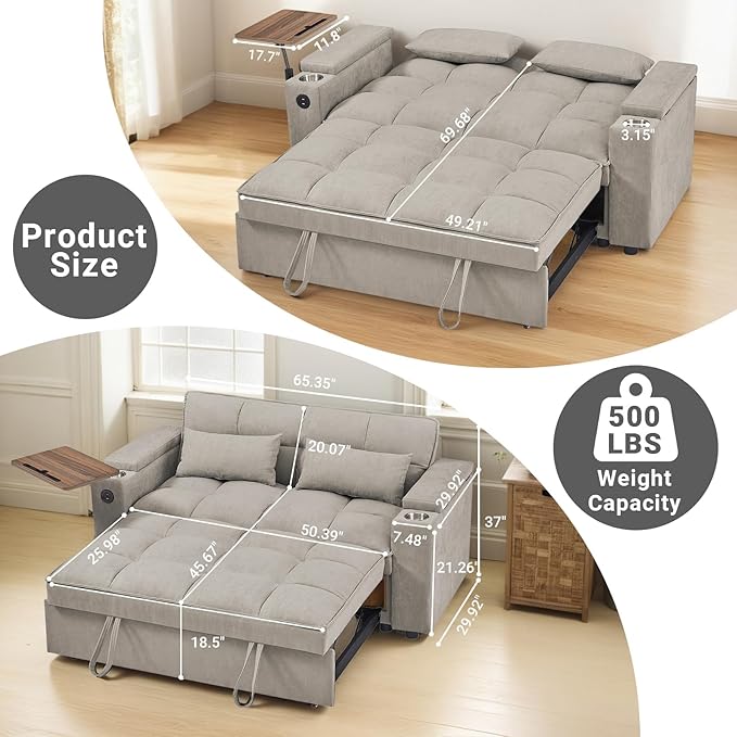 3 in 1 Sofa Bed 65 Inches Convertible Loveseat Sleeper with Side Table Pull Out Couch with 3 Level Adjustable Backrest Chaise Lounge with USB and Type-C Ports for Living Room Khaki