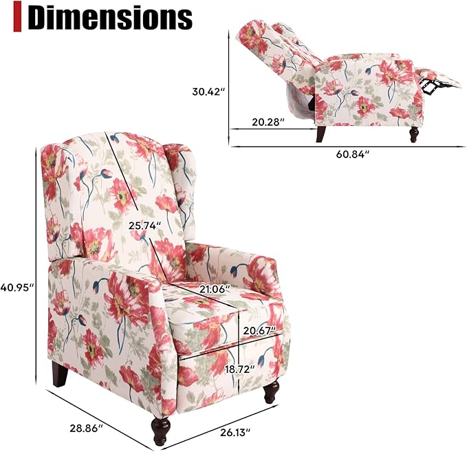 Upholstered Wingback Recliner Chair Traditional Push Back Recliner Chair with Padded Seat Fabric Floral Chair Wingback Recliner with Wooden Legs Small Recliners for Small Spaces