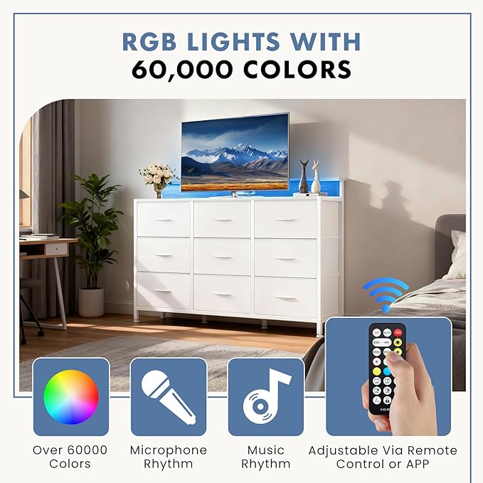 DUMOS TV Stand Dresser with 9 Fabric Drawers and Open Shelves Entertainment Center with LED Lights Charging Station for Bedroom Wood Top Media Console for 45-55 inch TV Stand with Storage White