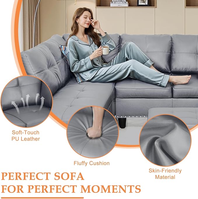 Wakefit Sectional Sofa Couch Modern 4-Seaters Living Room Furniture Sets with Chaise Lounge Ottoman &amp 2 Pillows | L Shape Couch | Cup Holder | Faux PU Leather Gray