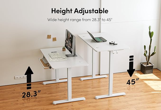 BANTI 63 x 24 Height Adjustable Electric Standing Desk with Keyboard Tray Sit Stand up Desk with Splice Board White Frame/White Top