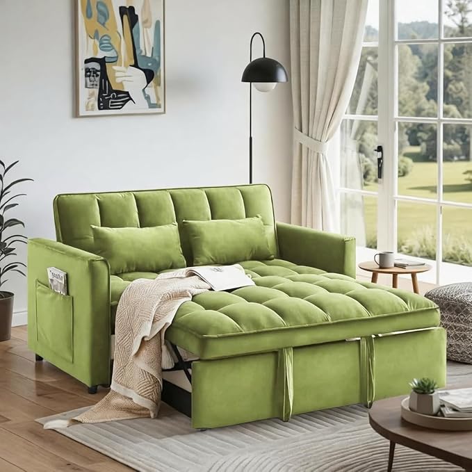 3 in 1 Convertible Sofa Bed Love Seat Sleeper Bed with Side Pockets Velvet Fabric Pull Out Couch with Adjustable Backrest for Living Room Bedroom Apartment Olive Green
