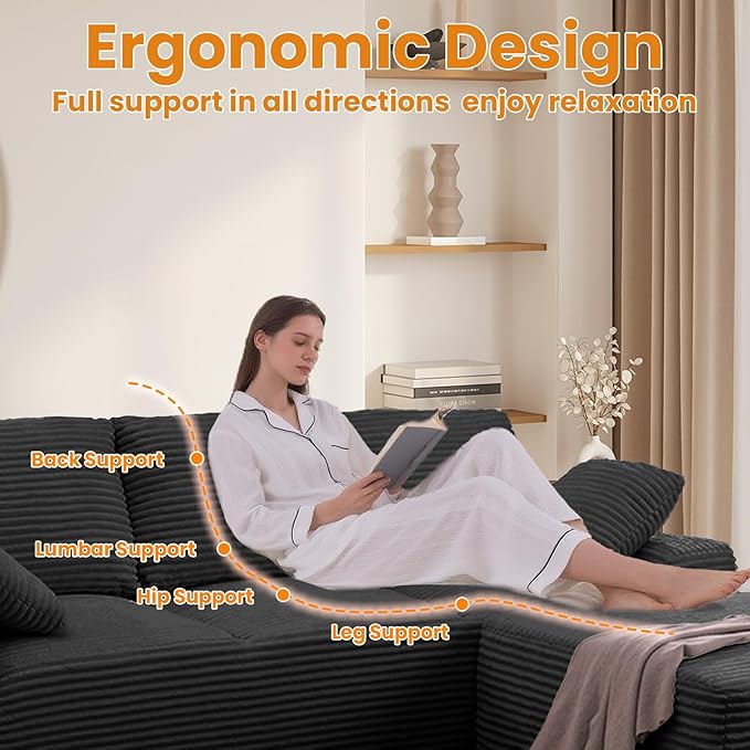 Oversized Convertible L Shaped Sectional Sofa Cloud Couch with Movable Ottoman 103.5 Inch 4 Seat Corduroy Boneless Sofa Set No Assembly Required Floor Couch with Throw Cushions for Living Room
