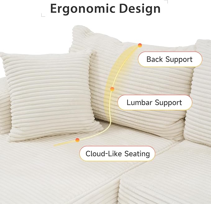 Verano Garden 133 U-Shaped Modular Sectional Sofa Modern Cloud Couch with Double Chaise Comfy Corduroy Couch with Memory Foam Deep Seat Floor Sofa No Assembly Required (Cream White)