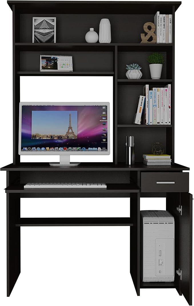 Black Computer Desk with Shelves Keyboard Tray &amp CPU Panel - Home Office Workstation