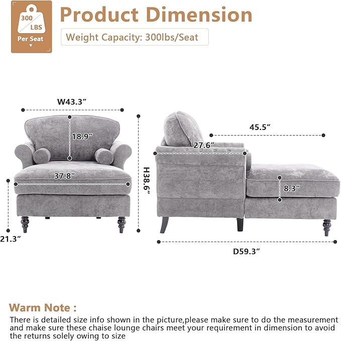 Setawix Chenille Upholstered Chaise Lounger Sleeper Sofa ChairOversized Chaise Lounge Chair Indoor with Rolled ArmsMid Century Modern Lounger Couch for Living Room Bedroom (Light Grey 43.3 W)