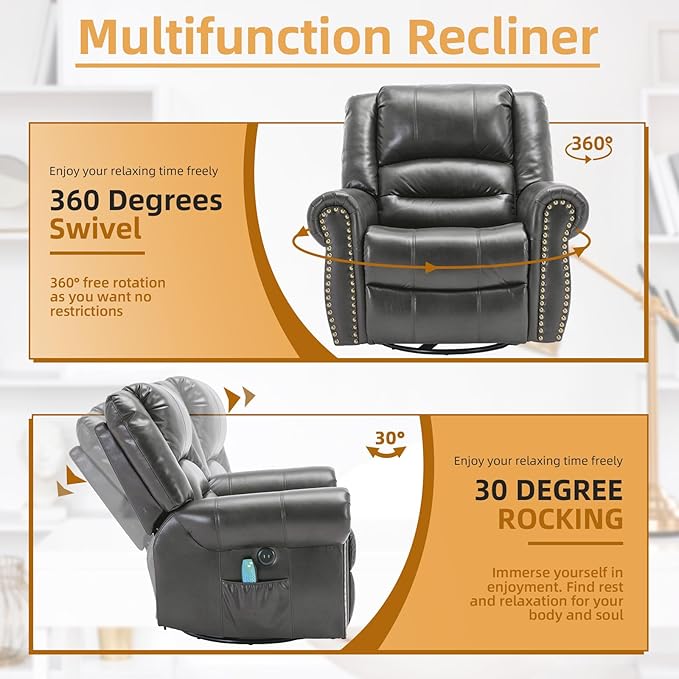 Manual Massage Recliner with Heating Function 360° Swivel Glider Rocking Recliner Chair for Living Room Ergonomic Single Sofa Chair with Remote Control/USB Ports/Side Pockets(Gray)
