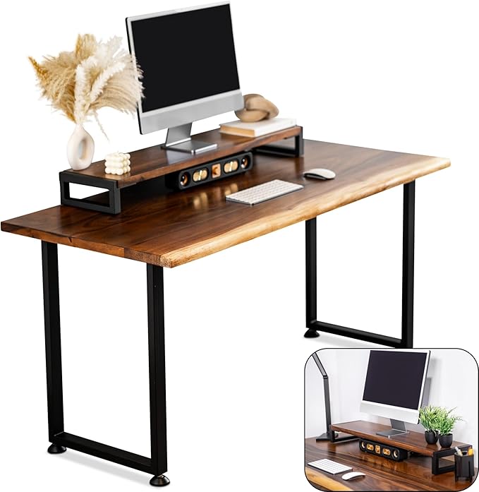 Wood Computer Desk with Monitor Stand - 48x27 Solid Wood Desk Live Edge Walnut Desk Sturdy Metal Legs - Scratch and Stain Resistant Finish - Premium Quality