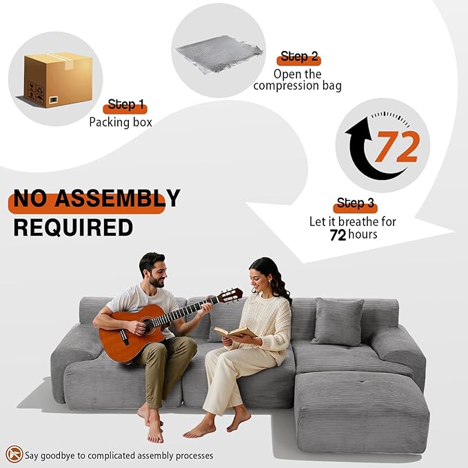 120 Modular Boneless Cloud Couch Sectional Couches for Living Room with Ottoman Modern L-Shaped Modular Sectional Sofa Bed with Deep Seat Corduroy 3-Seater Sleeper Sofas for Living Room (Grey)