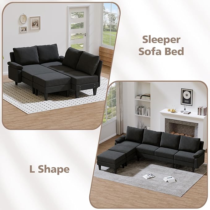 115 Modular Sectional Sofa U Shaped Sectional Comfy Couch for Living Room Convertible Modular Sofa Couch with Ottomans and Chaise High Supportive &amp Soft Sponge 6 Seats Black