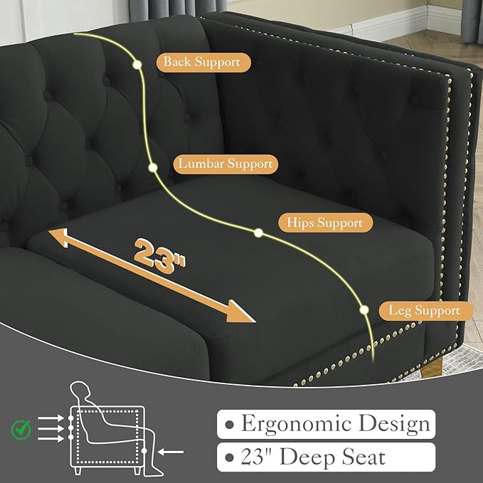 Chesterfield Sofa Set of 2 Modern Velvet Couch with Button Tufted &amp Nailhead Trim Upholstered Deep Seat Couch Comfy Sofa for Living Room Bedroom Apartment Office(58 W + 80.5 W Black)