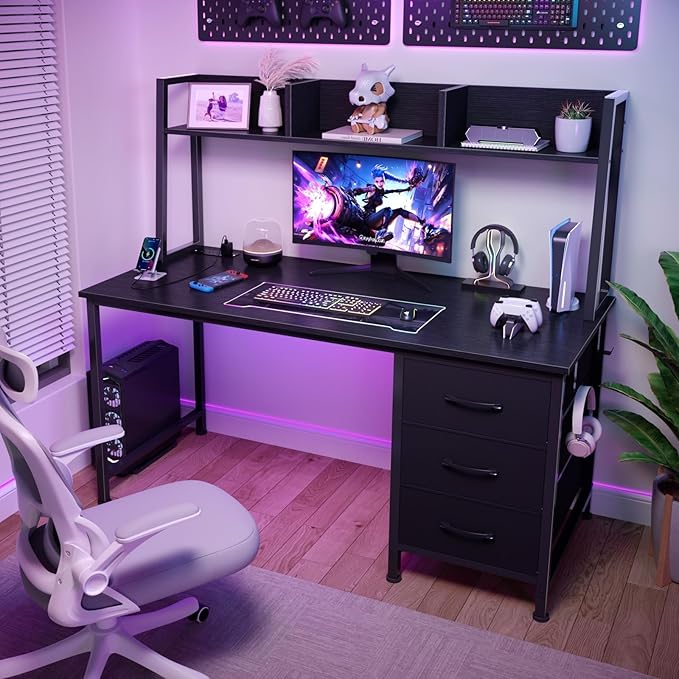 DLisiting Black Computer Desk with Hutch &amp Drawers - Office Desk with 3 Storage Drawers and Power Outlets 47 Inch Modern Study Writing Desk for Bedroom Home Office