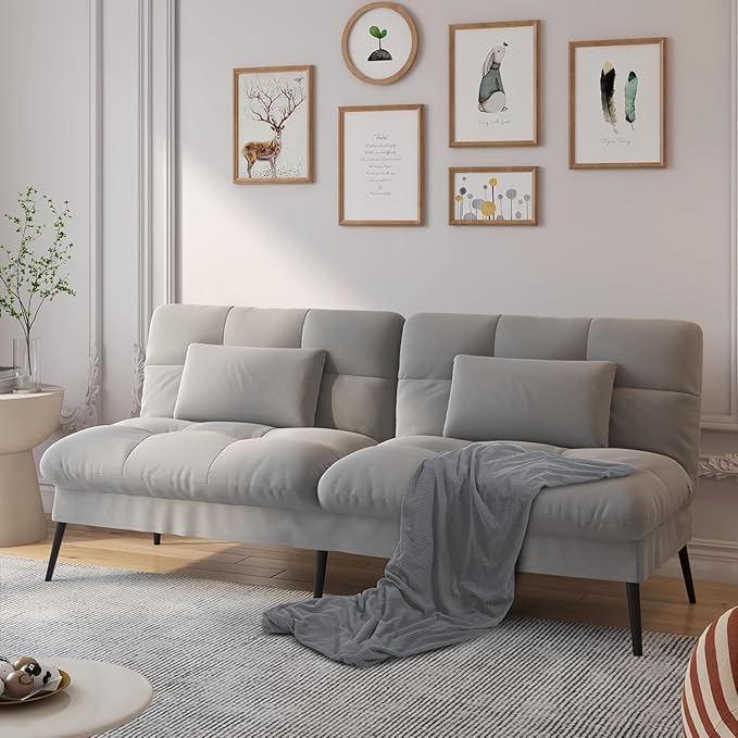 COMHOMA Convertible Sofa Bed68″Fabric Couch with Adjustable BackrestLoveseat Recliner Sleeper Living Room Furniture futon SetGrey
