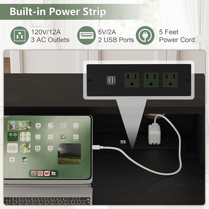 59 Executive Desk Fluted Office Desk with Power Outlets Long Monitor Stand Large Home Office Desks with 3 Drawers &amp 2 Storage Cabinet Computer Writing Desk for Study Bedroom White