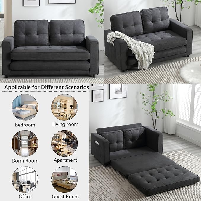 Futon Sofa Bed Convertible Folding Futon Couch Breathable Small CouchAdjustable Pull Out Chaise Lounge for Compact Living Studio in Living Room and Bedroom Offices Dorm Loveseat (Dark Gray)