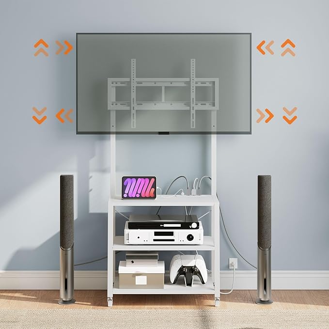 HOOBRO Rolling TV Stand with Mount and Power Outlet Up to 55 inch TV Corner Entertainment Center Small TV Stand with 3-Tier Storage Shelves for Living Room Bedroom White WW66UDS01