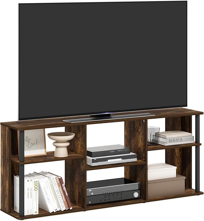 Furinno Classic TV Stand 3-Tier Entertainment Center with Open Shelf Open Back TV Console for TV up to 65 Inch with Plastic Poles for Living Room Bedroom Amber Oak