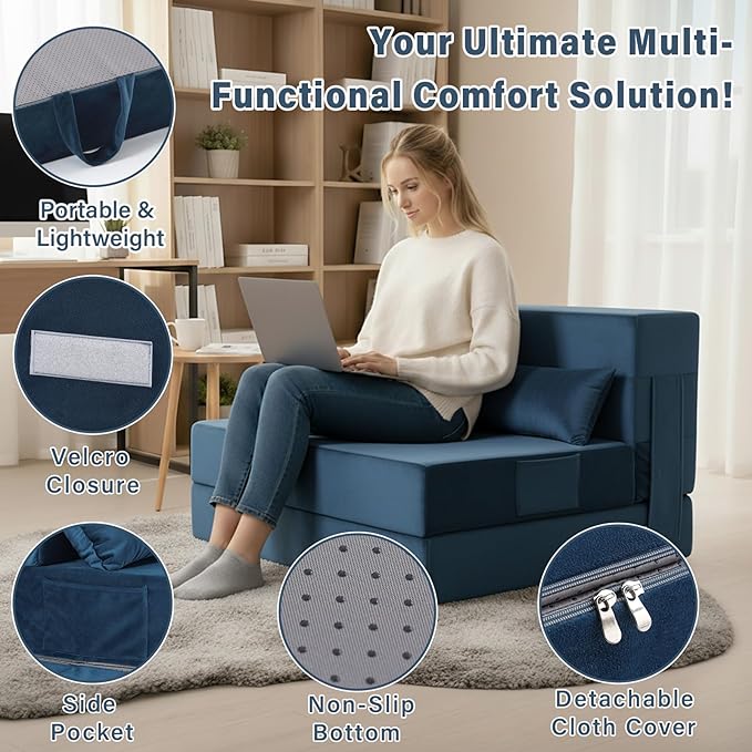 Tiita Folding Sofa Bed Couch Twin Size Foldable Futon Chair with Pillow Folding Sleeper Sofa Chair Bed Floor Mattress for Guest Room Living Room Blue