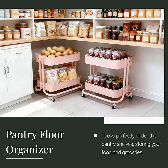 2 Tier Rolling Cart with Wheels for Under Desk Storage Pink Small Rolling Pantry Storage Cart for Small Space Metal Short Utility Shelf for Vanity Kitchen Bathrrom Laundry Organization