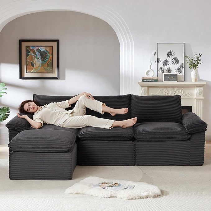 Modular Cloud Couch - Boneless L Shaped Sectional with Ottoman 3 Seater Corduroy Couch for Living Room Soft Plush in a Box (Gray L Shaped-3 Seater+1 Ottomans)