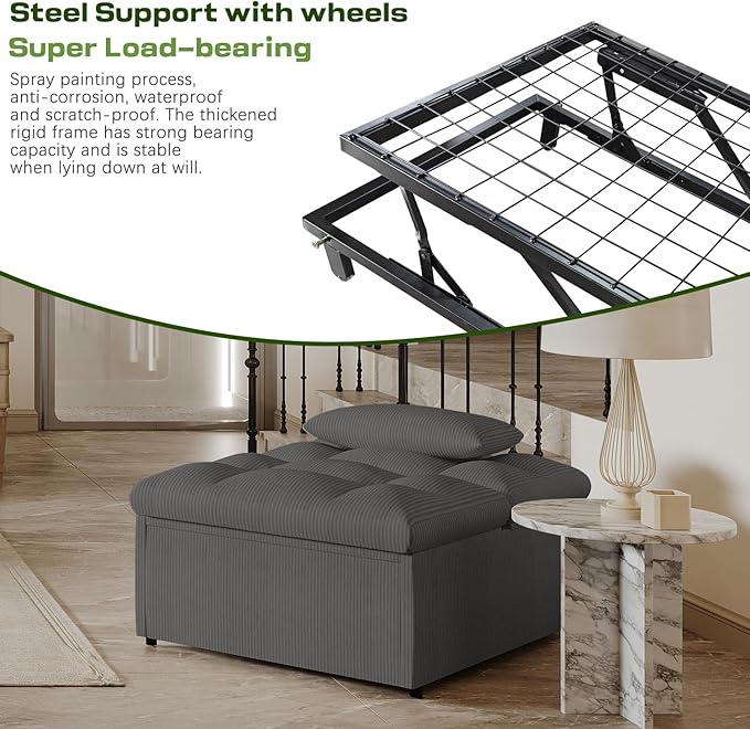 4-in-1 Convertible Sleeper Chair Bed with Adjustable Backrest Pillows Futon Sofa Bed with Side Pocket Sleeper Sofa Chair Pull Out Couches for Living Room Small Space Charcoal