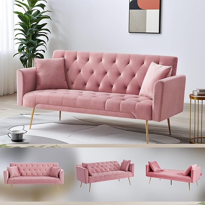 Anwick Modern Velvet Sofa Bed Futon with 2 Pillows2-in 1 Convertible Sleeper Couch BedFolding Recliner Loveseat with Golden Metal Legs for Living Room Apartment Office (Pink)