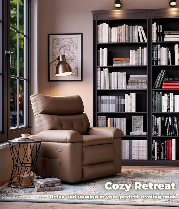 Regular Manual Recliner Chair for Adults PU Leather Comfy Reclining Chair with Overstuffed Arms &amp Back Side Pocket Modern Single Sofa for Living Room BedroomKhaki