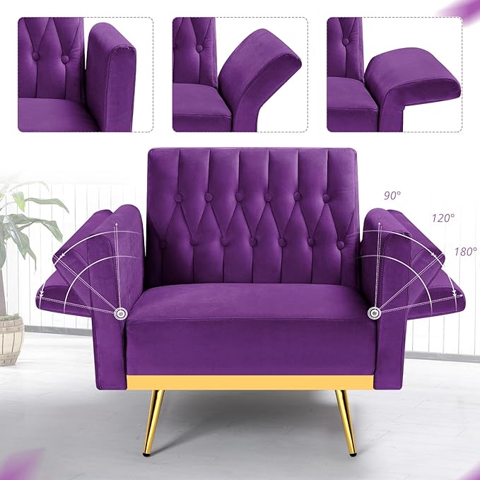 Velvet Accent Chair with Adjustable Armrests and Backrest Button Tufted Lounge Chair Single Recliner Armchair with Ottoman and Pillow for Living Room Bedroom Purpel