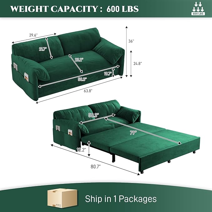 Pull Out Sofa Bed Queen 3 in 1 Convertible Sleeper Sofa Couch with Pullout Bed Comfy Futon Sofa cama moderno Velvet Recliner Loveseat for Living Room Apartment Small Space 63.8 Green