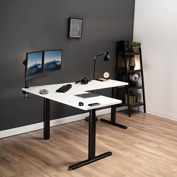 VIVO Electric Height Adjustable 67 x 60 inch Corner Stand Up Desk 2 White Solid Table Tops Black Frame Memory Controller L-Shaped Workstation 3E Series DESK-KIT-3E6BW