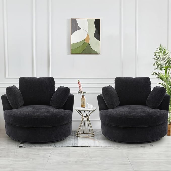 SLEERWAY Oversized Swivel Chairs Set of 2 Big Comfy Round Accent Barrel Chair and A Half Bucket Loveseat Bedroom Club Reading Lounge Living Room Furniture Set (Black)