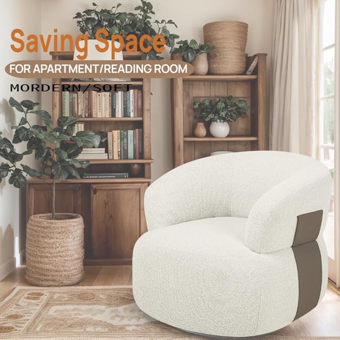 Swivel Barrel Accent Chairs-Modern Round Club Arm Chair Upholstered Living Room Armchair Single Sofa Seating Bedroom Side Reading Seat for Living Roon Office (Beige-Chenille 1*Seat)