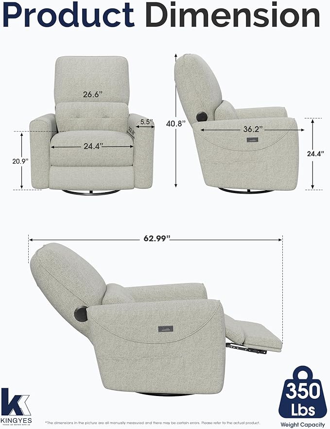 KINGYES Power Recliner Chair 270° Swivel Glider Living Room Recliner with USB-C Port Nursery Rocking Chair Gray