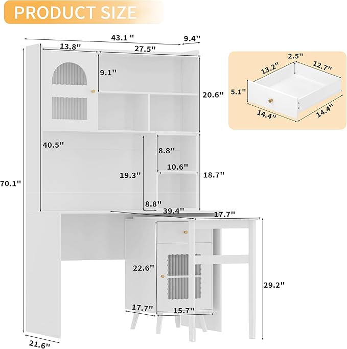 Bellemave Computer Desk with 90 Degree Rotating Desktop 43x70 Inch Home Office Desk with Drawer and Storage Cabinets Gaming Desk with Shelves Writing Desk for Study (White)