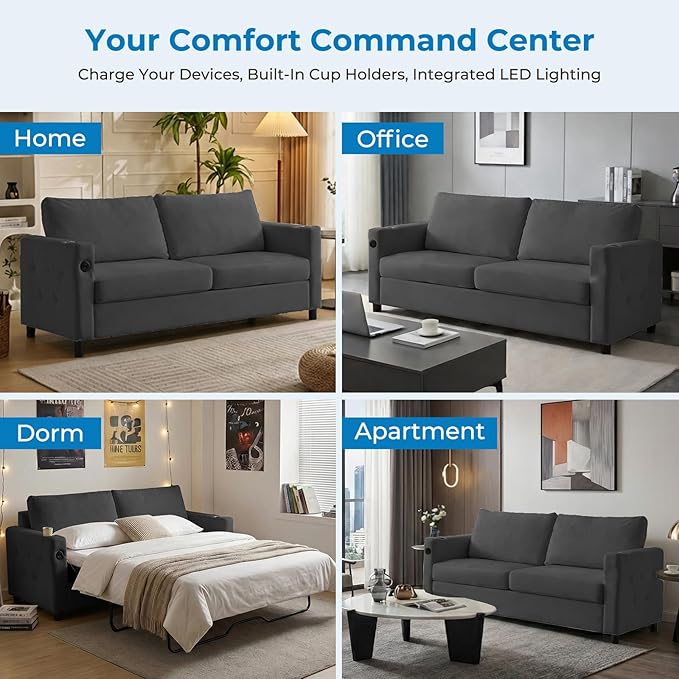 Mjkone 80 Queen Size Pull Out Sofa Bed Velvet 2-in-1 Convertible Sleeper Sofa Bed with Memory Foam Mattress Cup Holder USB Charging PortsGuest Couch Bed for Living Room Small Spaces - Grey