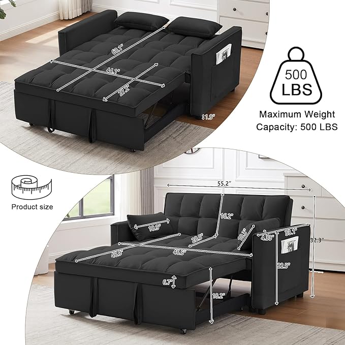 Velvet Pull Out Sleeper Sofa Bed Convertible Futon Couch Bed with Adjustable Backrests 3 in 1 Modern Loveseat with 2 Pockets and Pillows Small Love Seat for Living Room Guest Room Office Black