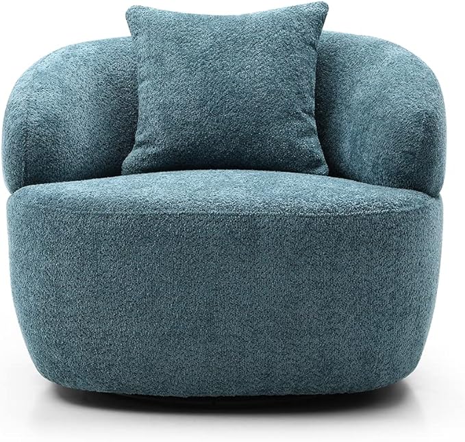 WILLIAMSPACE Swivel Accent Sofa Chair Round Back Boucle Barrel Chair with Pillow Modern Leisure Arm Chair for Hotel Living Room Bedroom Office (Navy Blue)