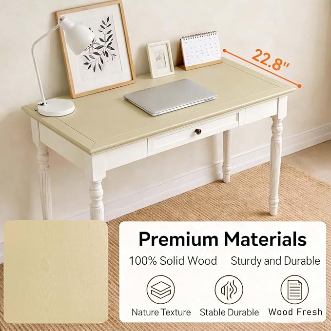 35” Off White Solid Wood Writing Desk with Drawers Farmhouse Computer Desk with File Storage Ideal for Home Office Bedroom or Study Room