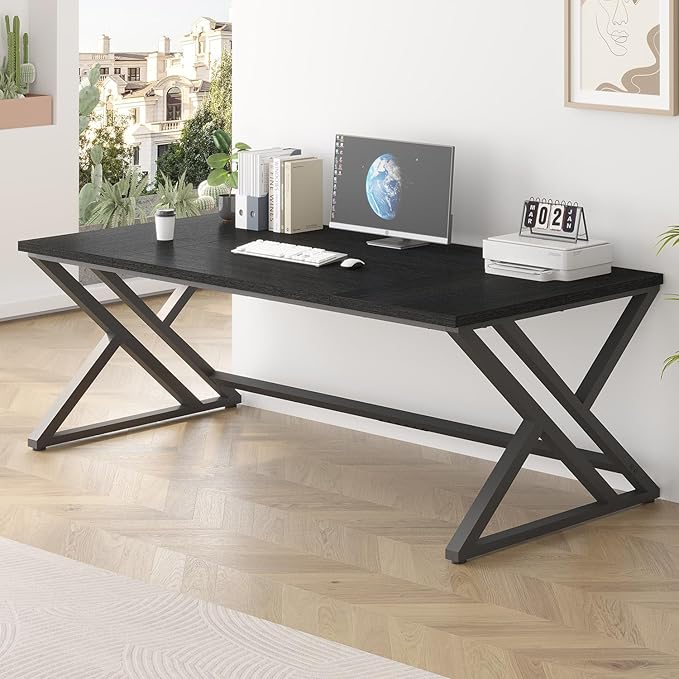 LVB 78.7 Black Computer Desk Large Industrial Pc Study Home Office Desk Long Modern Wood Gaming Work Writing Desk for 2 Person Farmhouse Double Workstation Executive Desk with Storage in Bedroom