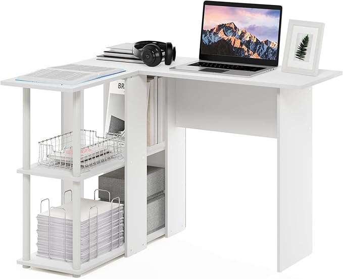 Furinno Abbott L-Shape Desk with Bookshelf 41.14 (W) x 28.94 (H) x 34.45 (D) inches White/White