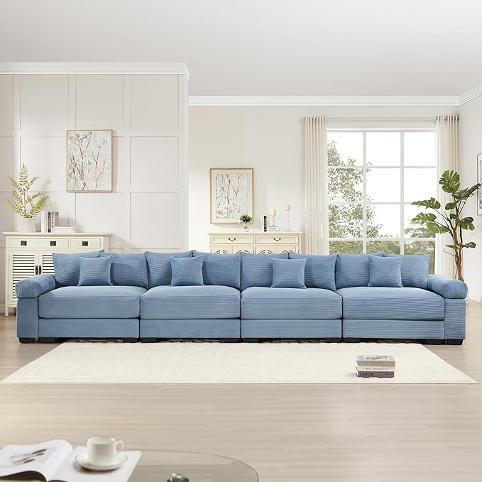 168 Corduroy Sectional Couches for Living Room Blue Comfortable Oversized Sectional Sofa Set with Deep Seat Large 3 Seater Couch Sofas para Sala Modern Corduroy Couch Set