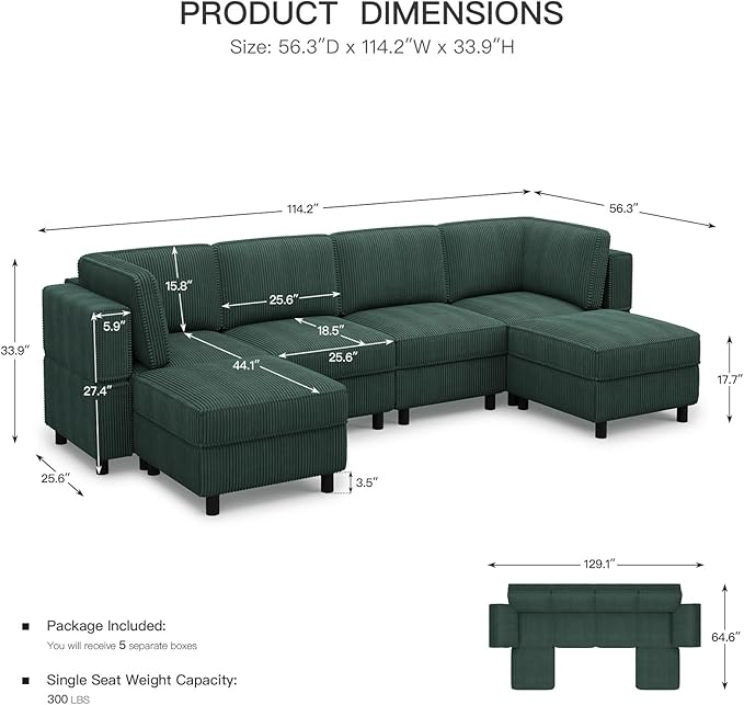 114.2 U-Shaped 6-Seater Convertible Sectional Sofa Corduroy Modular Sleeper with Deep Storage Seat &amp Movable Ottoman Green