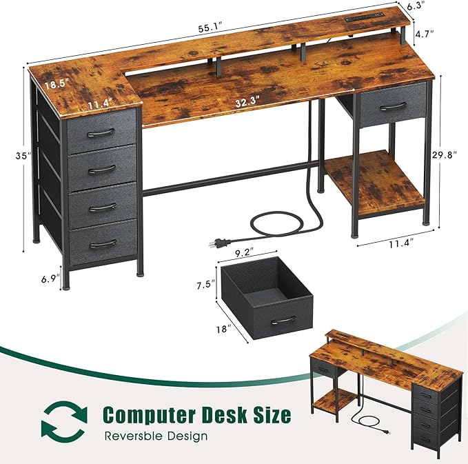 55 Inch Computer Gaming Desk with Power Outlets LED Lights Reversible Home Office with Adjustable Fabric Storage Drawers for Working Writing Study Rustic Brown